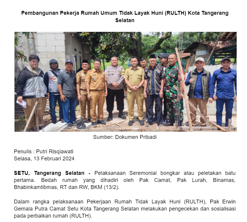 Pembangunan Pekerja Rumah Umum Tidak Layak Huni (RULTH) Kota Tangerang Selatan